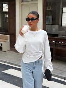 Women's Pure Cotton Long Sleeve T-Shirt, Round Neck, Side Drawstring Ruched Asymmetrical Hem, Cropped Y2K Casual Top - Off White - View 3
