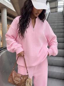 Cardigan Kasual Wanita Berkerah dengan Lapisan Bulu dan Resleting, Saku, Ukuran Besar, Cocok untuk Aktivitas Sehari-hari di Musim Gugur/Dingin, Pakaian Musim Gugur/Dingin, Baju Musim Dingin, dan untuk Keluar Rumah - Berwarna merah muda - View 3