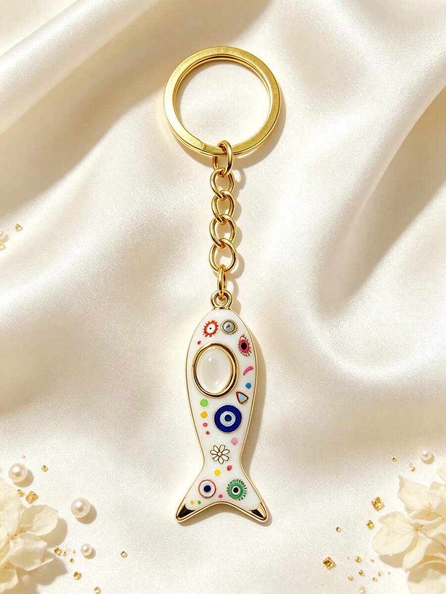 1/7pcs Vintage Evil Eye Fish-Shaped Keychain, Cute Personalized Colorful Painted Fish-Shaped Keychain Enamel Pendant Bag Charm, Niche Creative Accessory, Gift Small Ornament Car Key Chain, Friend Bestie Couple Keychain Key Ring - Multicolor - View 1