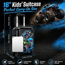 Boys' 4x4 Off-Road Truck Print Hard Shell Kids Rolling Suitcase, Spinner Wheels Carry-On Luggage, Portable Travel Vacation Suitcase For Children - Black - View 3