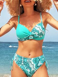 Women's Mint Green Paisley Pattern Bikini Set, Side Tie Swimsuit, Suitable For Summer Beach Vacation - Multicolor - View 2