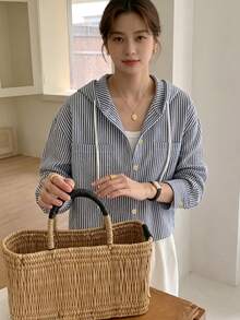 韩版时尚夏季休闲单排扣条纹撞色宽松长袖连帽衬衫，女款春季款 - 藏蓝色 - 查看 2