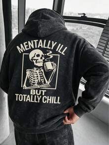 復古水洗紮染男士套頭衛衣，秋冬款趣味骷髏萬聖節印花寬鬆落肩套頭衫 - 黑色 - 查看 5