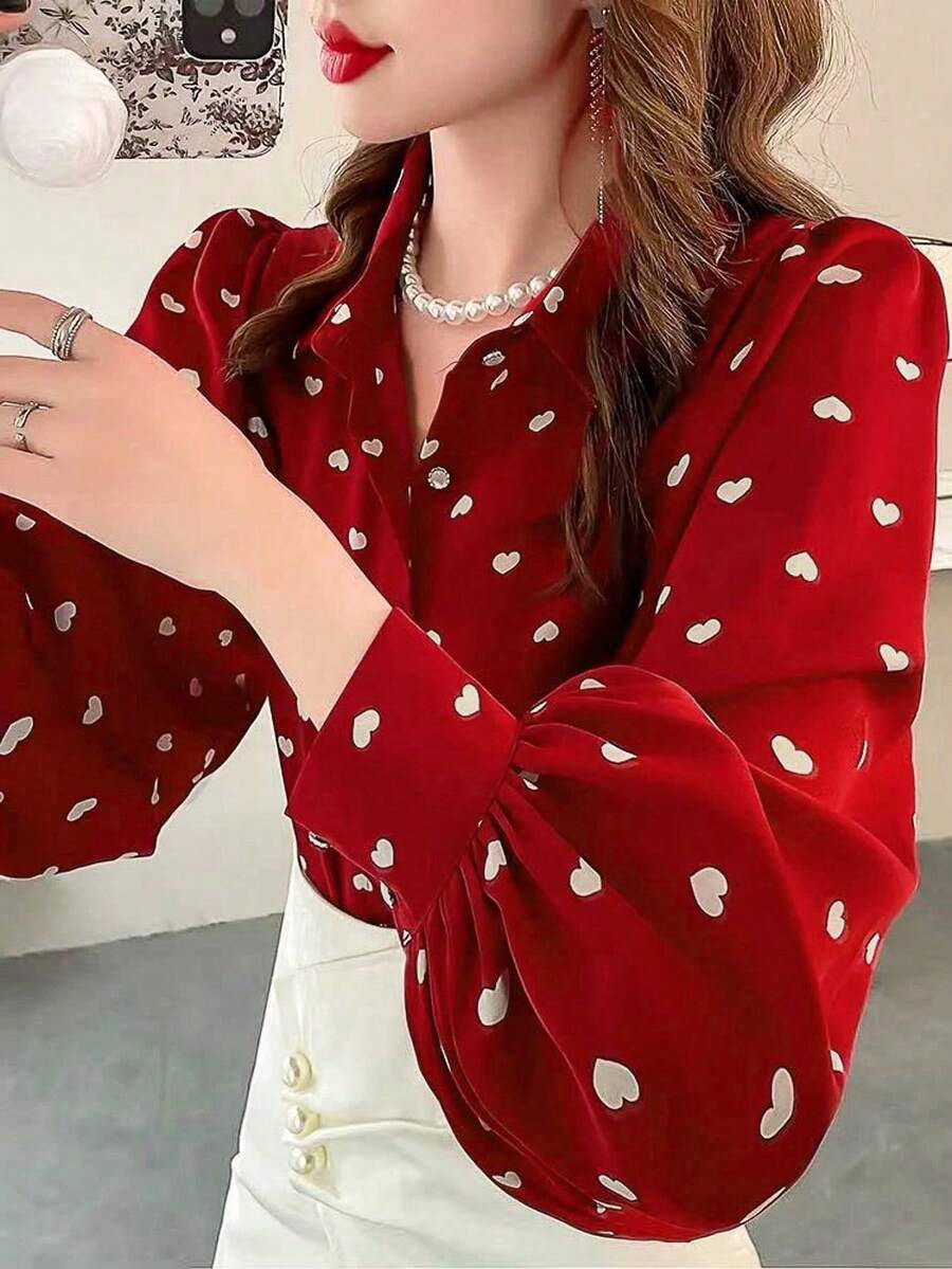 Spring/Summer Fashion Women's Red Heart Random Print Pattern Lapel Long Sleeve Pearl Decor Button Shirt, Suitable For Daily Wear - Red - View 1