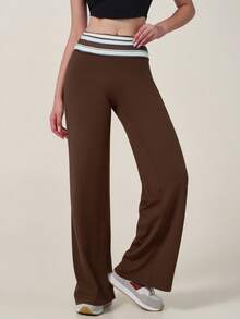 TimeOff 1pc Women's Fixed Waist Striped Wide Leg Sports Pants - Brown - View 9