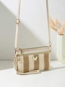 Mini Colorblock Butterfly Woven Beach Bag With Wrist Strap, Coin Purse And Shoulder Bag, Women's New Multifunctional Small Shoulder Bag, Cute Square Bag, Suitable For Spring/Summer Beach - Brown - View 3