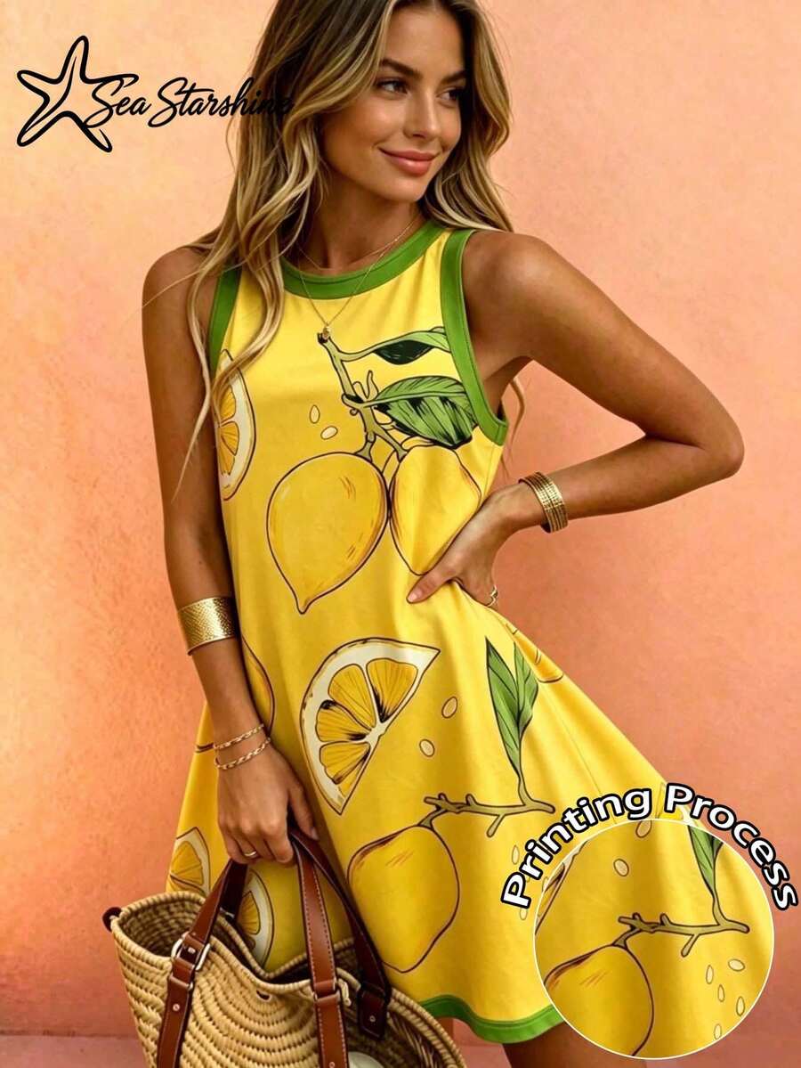 Sea Starshine Women's Fashionable Versatile Simple Elegant Resort Beach Style Spring Summer Lemon Summer Print Round Neck Sleeveless Knit Skirt - Multicolor - View 1
