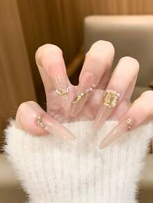 1 Set Approx. 12-Compartment Champagne Gold Irregular Nail Rhinestone Kit, Mixed Size Round Oval Heart Crescent Square Flat-Back Rhinestones With Dotting Tool, Warm Tone Sparkling Decorative Accessories, Versatile Nail Decoration, Press-On Nail DIY Materials, Atmospheric Gentle Luxury Nail Art Accessories, Salon-Style Exquisite Design - Champagne - View 3