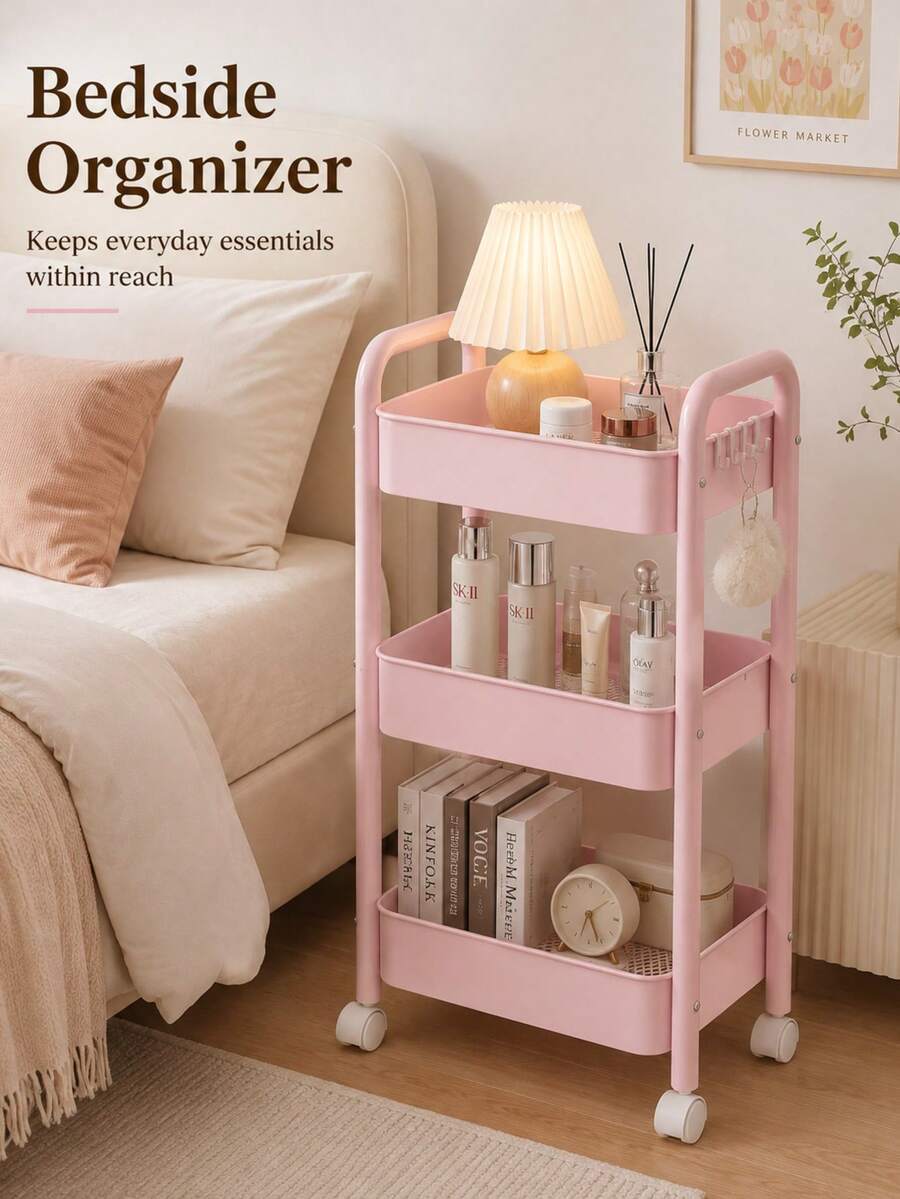 1pc 3-Tier Large Capacity Mobile Storage Cart, Storage Rack, Trolley, Metal Thickened Frame Pink Minimalist Style, With Handle, Hooks, Universal Wheels, Hollow Drainage Storage Basket, Snack, Miscellaneous, Skincare Product Storage Rack, Suitable For Bedroom, Office, Living Room, Kitchen, Bathroom, Dorm, Rental Apartment Daily Home Storage - Multicolor - View 1