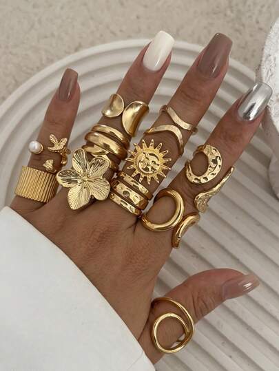 11/6pcs Vintage Fashion Luxury Old Money Style Personalized Floral Sun Geometric Line Ring Set, Women's Metal Chunky Gold Rings, Suitable For Daily Wear And Party Banquet Decoration, Gift Jewelry Set