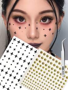 2/4 Sheets Black Silver Cross Round Dot Face Stickers Eye Nail Gem Decals Self-Adhesive Sticker For Music Festival Y2K Party Makeup Body Decor Concert Look Face Gems - Multicolor - View 9