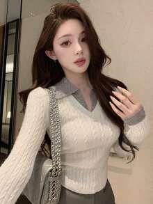 秋冬甜美性感極簡風深色對比拼接粗針編織小V領修身長袖女款毛衣，適合聖誕節、新年、外出、通勤、約會 - 杏色 - 查看 1