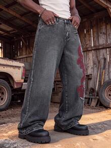Men's Loose Wide Leg Jeans, Vintage Washed Black Denim Pants, Side Red & White Embroidery Pattern Design, Loose Y2K Hip Hop Streetwear - Black - View 3