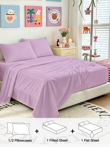 HONEYMOON 3/4-Piece Solid Color Bedding Set (3-Piece = 1 Fitted Sheet + 1 Flat Sheet + 1 Pillowcase, 4-Piece = 1 Fitted Sheet + 1 Flat Sheet + 2 Pillowcases), 100% Polyester Fabric, Ins Style, Fits 9-12 Inch Deep Pockets, Shrink-Resistant, Machine Washable, Suitable For Various Sizes, All-Season Use, Home And School Dorm Use, Back To School Essential, Purple - Lilac Purple - View 2