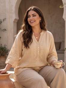 Plus Size Casual Loose Fit Embroidery Detail Women Top, Spring/Summer - Apricot - View 1