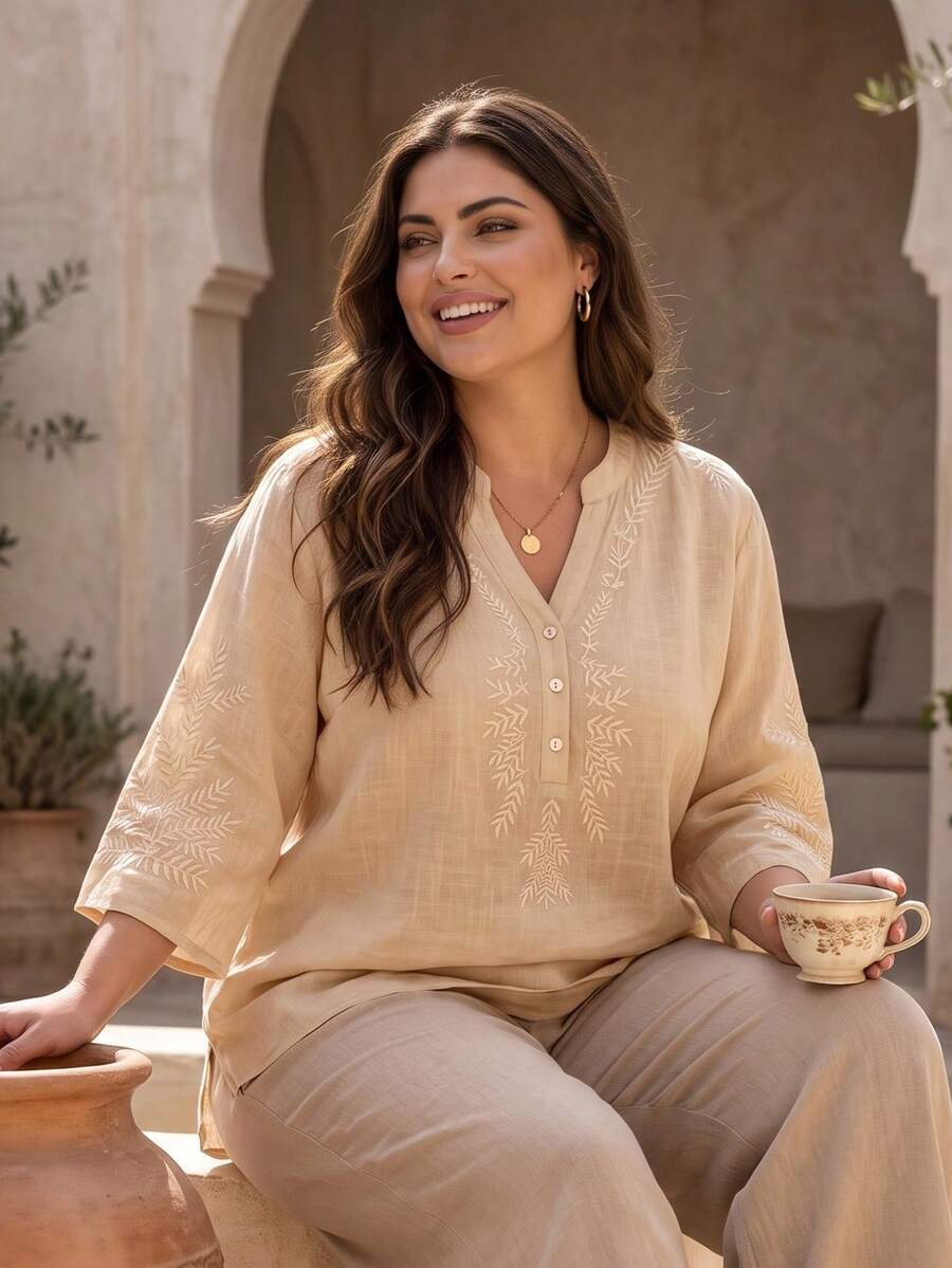 Plus Size Casual Loose Fit Embroidery Detail Women Top, Spring/Summer - Apricot - View 1