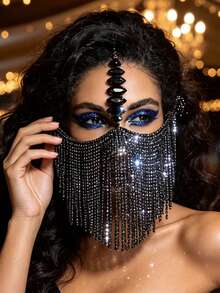 長流蘇面具 Cosplay 配件 優雅髮箍 鑲鑽面部鏈條面具 派對飾品 - 槍黑色 - 查看 1