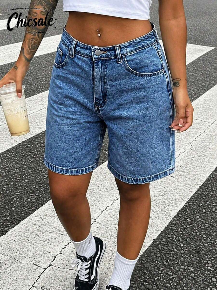 女款休閒日常百慕大牛仔短褲 夏季風格 - 深色水洗藍 - 查看 1