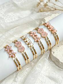 6pcs Pink Tone Bracelet Set, Flower, Gradient Bowknot, Exquisite Children's Jewelry Combination, Best Friend Sister Jewelry Set, Adjustable Size Design - Gold - View 1