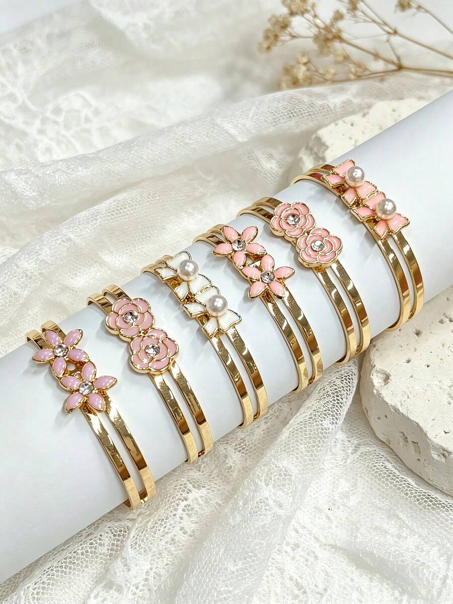 6pcs Pink Tone Bracelet Set, Flower, Gradient Bowknot, Exquisite Children's Jewelry Combination, Best Friend Sister Jewelry Set, Adjustable Size Design - Gold - View 1
