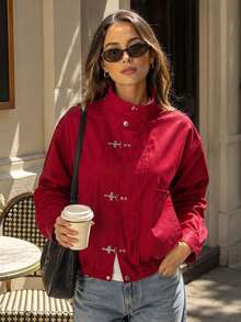Women Streetwear Red Zip Up Jacket , Going Out Fall Oversized Jacket - Red - View 1