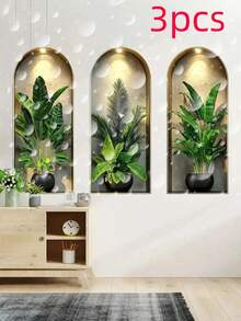 3pcs Arched Niche Green Plant Wall Sticker, 2D Waterproof Self-Adhesive Tropical Plant Wall Niche Art Sticker, Suitable For Living Room, Entryway, Wall Decor And Home Decor. - A - View 14