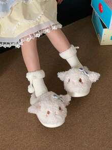 XIXITIAO Soft Cute Sheep Winter Closed‑Toe House Slippers, Warm Plush Bow Decor Sheep Indoor Slippers - White - View 10