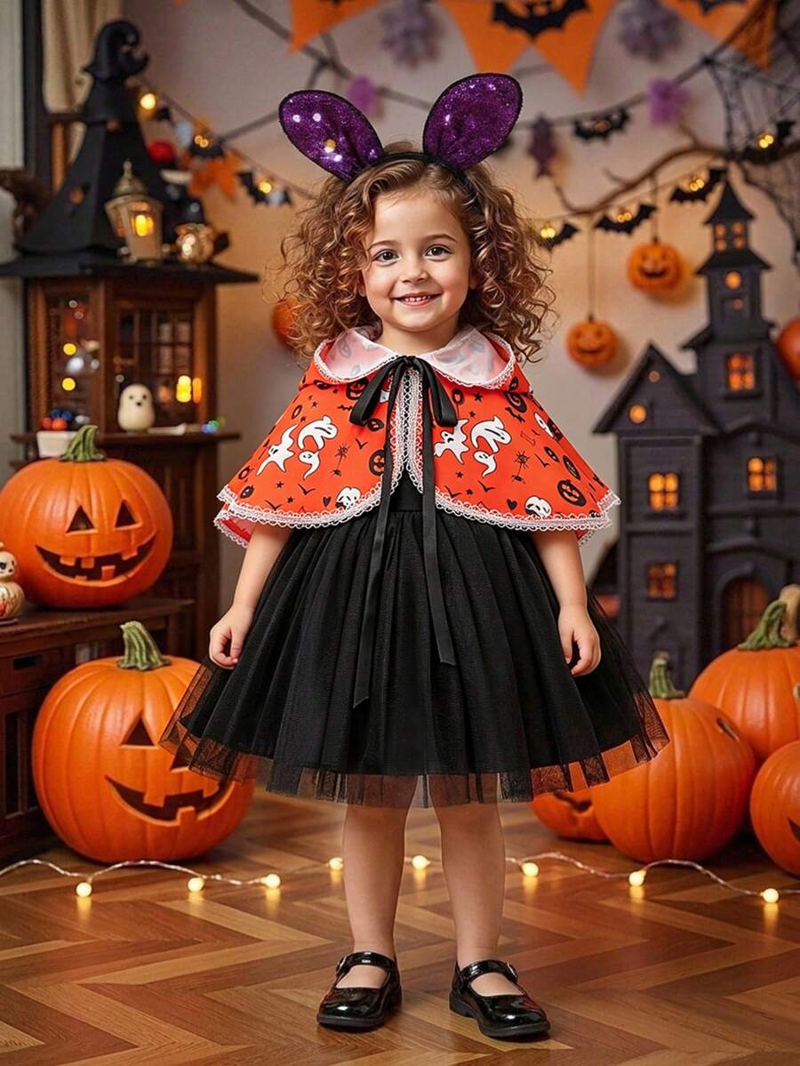 Baby Girls Round Neck Solid Color Party Tutu Princess Dress Pumpkins Ghost Cape 2pcs Set Suitable For Halloween Party, Headband Not Included - Multicolor - View 1