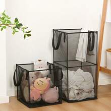 1pc Black Mesh Laundry Basket, Large Square Foldable Dirty Clothes Hamper, Portable Single/Double Layer Handheld Household Bathroom Laundry Storage - Multicolor - View 8