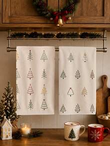 2PCS Minimalist Christmas Tree Pattern Kitchen Towels, Rectangular Soft Microfiber Polyester Material, Dish Cloth, Scouring Pad, Hand Towel, Cooking Baking Tea Towel, Christmas Kitchen Decor, Housewarming Gift, Birthday Gift, Bathroom Cleaning Cloth, Decorative Towel - Apricot - View 2