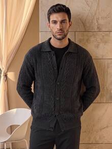 Jaket Kardigan Rajut Kabel Vertikal Vintage Pria, Sweater Longgar Bertekstur Hitam Abu-abu - Hitam - View 10