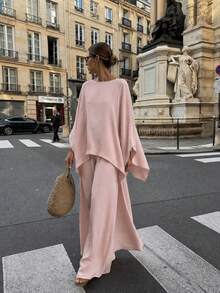 Pink Loose Batwing Sleeve Wide Leg Pants 2 Pieces Set, Elegant Autumn Vacation Commute Lazy Outfit For Women - Pink - View 6