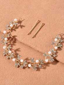 1pc Women's Pearl Alloy Rhinestone Headband, Bridal Wedding Princess Hair Accessory, Suitable For Party, Birthday, Ceremony, Valentine's Day Gift - Gold - View 11