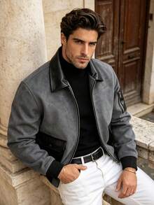 Men's Autumn/Winter Fashion Casual Jacket, Brown Minimalist Versatile Lapel PU Leather Jacket - Grey - View 3
