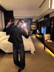 Women's New Spring/Autumn Minimalist Casual Turn-Collar Short Leather Jacket, Korean Style Loose Versatile Top - Black - View 8