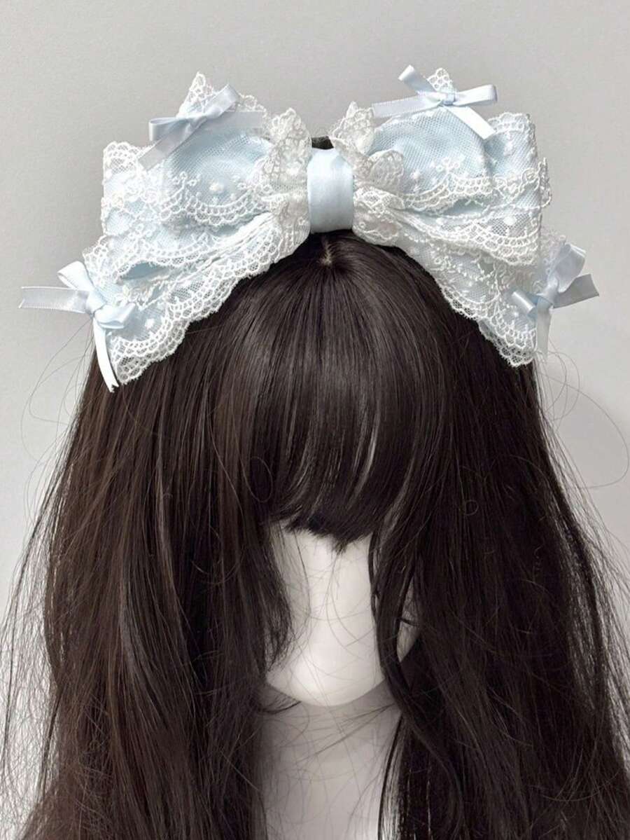 1件裝藍色蕾絲蝴蝶結髮箍，優雅3D蝴蝶結頭箍，蘿莉塔風格女款時尚Cosplay髮飾 - 淺藍色 - 查看 1
