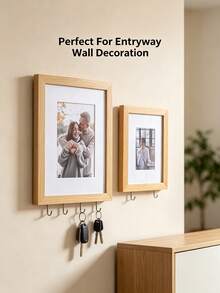 1pc Multifunctional Hanging Photo Frame With Metal Hook, Faux Wood Wall Key Storage Photo Frame, Suitable For Entryway, Living Room Wall Decor - Hanging - View 5
