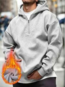 Sweatshirt Hoodie Pria Warna Polos dengan Resleting Setengah/Seperempat, Sweatshirt Pullover Lengan Panjang Beludru, Sweatshirt Pullover Tebal dengan Lapisan Hangat, Cocok untuk Musim Gugur/Musim Dingin - Light Grey - View 3