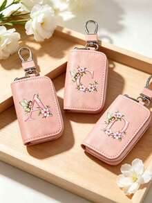 Pink Zipper Key Pouch With Fairy, Flower And Letter, Matte Leather, Functional Key Pouch Suitable For Car, Home And Office - Perfect For Graduation, Teacher's Day - Neutral Design, Travel Accessory, Elegant Jewelry, Premium Craftsmanship, Professional Accessory, Perfect Gift For Classmates And Friends, Realistic, Mini, Minimalist Style, Perfect Wedding And Holiday Gift Or Accessory For Women's Handbag, Keychain, Valentine's Day Gift, Ideal Choice For Graduation Ceremony And Teacher's Day - Multicolor - View 1