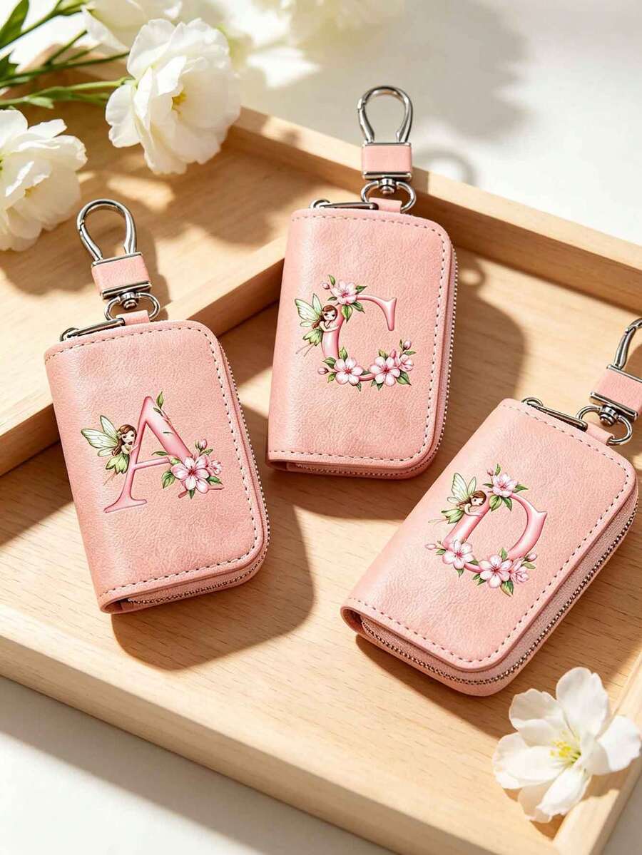 Pink Zipper Key Pouch With Fairy, Flower And Letter, Matte Leather, Functional Key Pouch Suitable For Car, Home And Office - Perfect For Graduation, Teacher's Day - Neutral Design, Travel Accessory, Elegant Jewelry, Premium Craftsmanship, Professional Accessory, Perfect Gift For Classmates And Friends, Realistic, Mini, Minimalist Style, Perfect Wedding And Holiday Gift Or Accessory For Women's Handbag, Keychain, Valentine's Day Gift, Ideal Choice For Graduation Ceremony And Teacher's Day - Multicolor - View 1