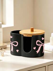 2 Grid Cotton Pad Swab Box,Cute Bow Print Makeup Organizer Box With Bamboo Lid,Desktop Cosmetic Container With Double Round Holes,For Bathroom Vanity - Multicolor - View 3