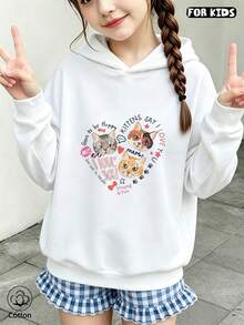 Children's Cartoon Cat Love Printed Hooded Sweatshirt - Soft And Breathable, Loose Fit, Long Sleeved Pullover, Suitable For Men And Girls To Wear - White - View 4