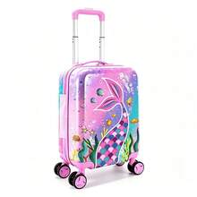 Girls Mermaid Tail Ocean Print Hard Shell Kids Rolling Suitcase, Spinner Wheels Carry-On Luggage, Suitable For Children Travel And Vacation - Pink - View 2