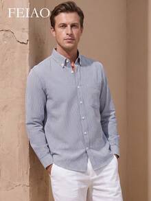 FEIAO Men's Vintage Style Blue & White Striped Long Sleeve Shirt, Fashionable & Versatile, Suitable For Commuting And Formal Occasions - Blue and White - View 1