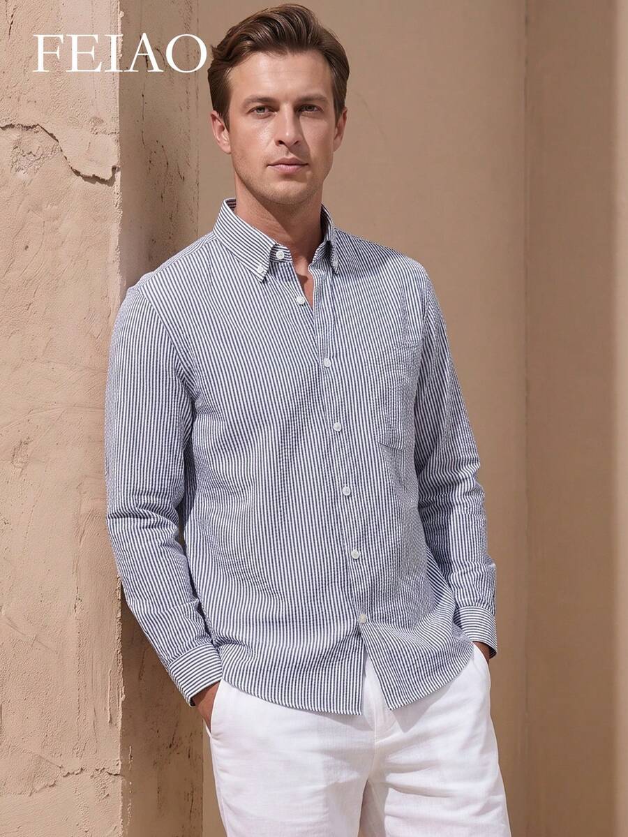 FEIAO Men's Vintage Style Blue & White Striped Long Sleeve Shirt, Fashionable & Versatile, Suitable For Commuting And Formal Occasions - Blue and White - View 1