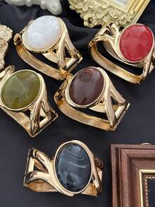Vintage Multi-Layer Hollow Metal Bracelet, Oval Natural Stone Inlaid, Light Luxury Elegant Open Bangle, Niche Design Geometric Square Gemstone Wrist Accessory, Gradient Texture, Versatile Daily Commute Hand Jewelry, French Soft Style Multi-Layer Striped Bracelet - Multicolor - View 3
