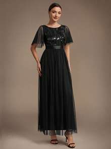 EVERPRETTY Elegant Luxury Heavy Embroidery Sequin Mesh Patchwork Ruffle Sleeve A-Line Black Formal Evening Gown Suitable For Evening Party Wedding Guest - Black - View 6