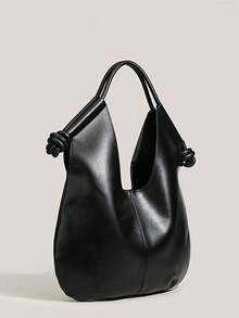 Tote Bag With Knotted Shoulder Strap, Contrast Stitching Detail, Relaxed Casual Vibe, Loose Large Capacity, Suitable For Commuting, Shopping, Travel, Outings, Premium Vintage Niche Design - Black - View 4