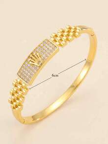 1pc Unisex Versatile Watch Style Pave Bangle, 18K Gold Plated Stainless Steel, Daily Wear Gift For Men & Women - Gold - View 3