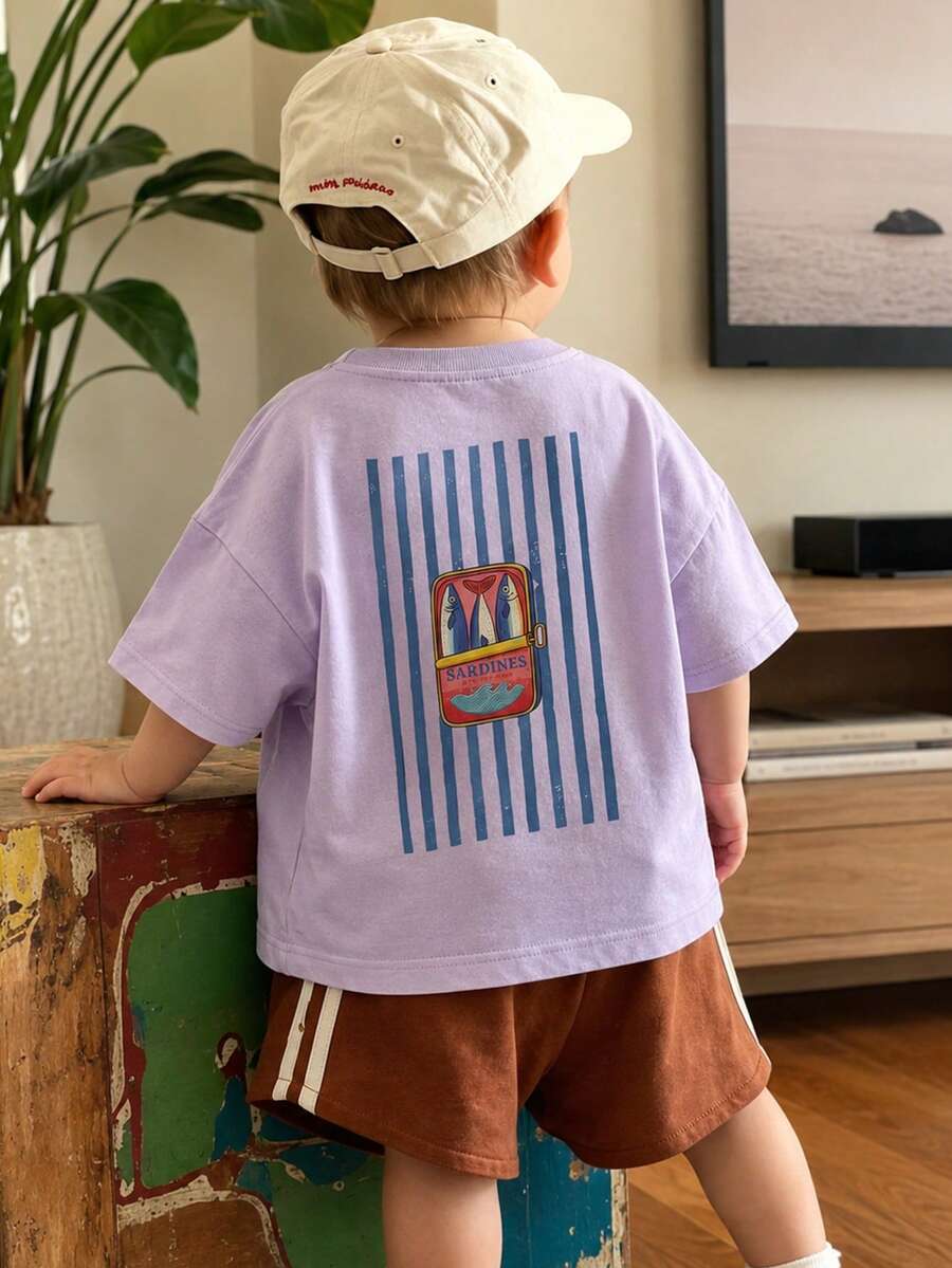 Young Boy 1pc Printed Pullover Short Sleeve T-Shirt, Student Youth Children's Clothing, Summer Gift Top For Kids - Lilac Purple - View 1
